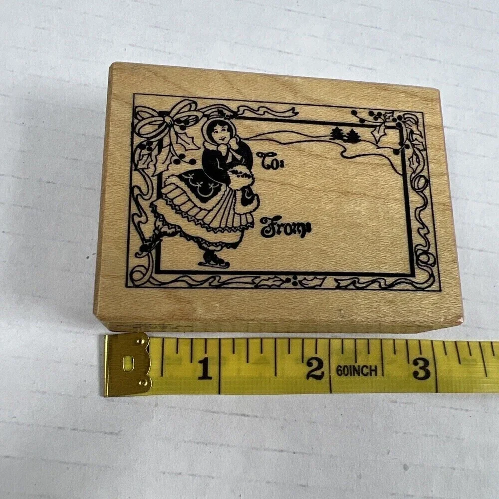 PSX F-392 Christmas Rubber Stamp GIRL ICE SKATING VINTAGE TO/FROM TAG LABEL
